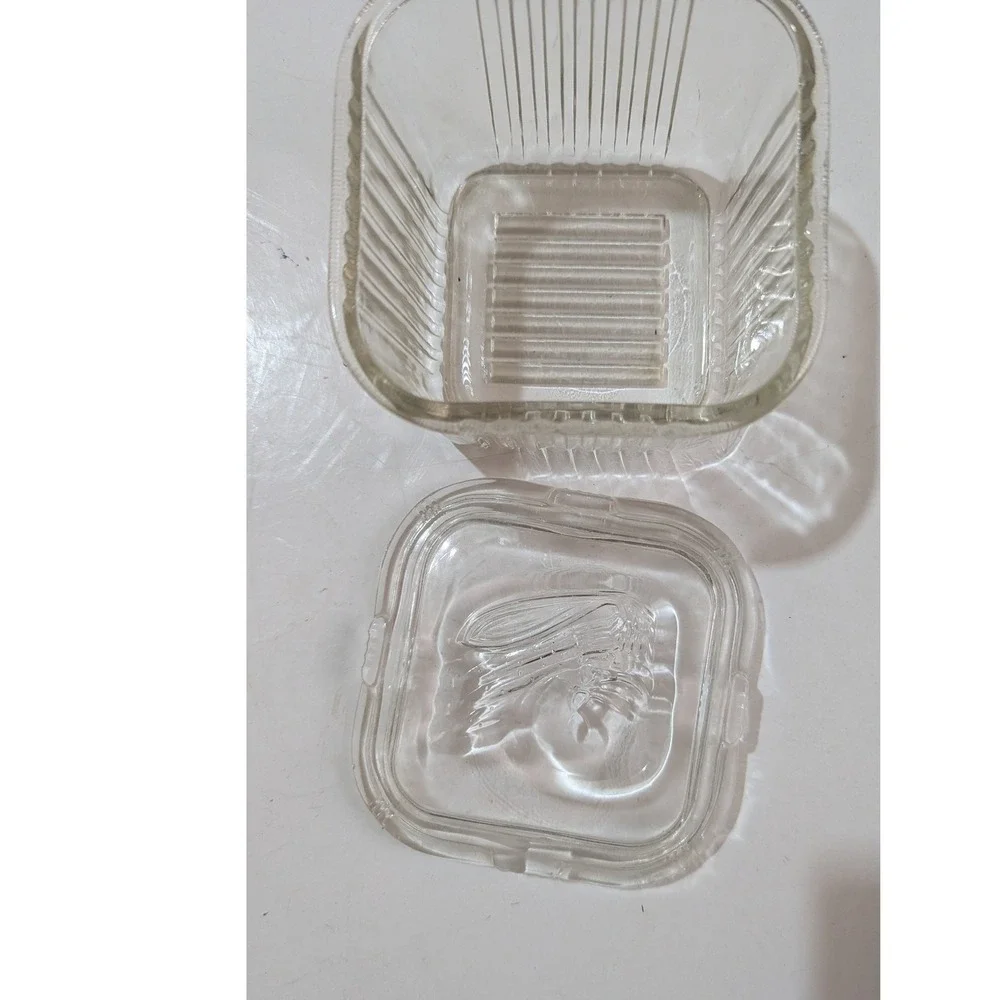 Vtg Federal glass Refrigerator Dish Square Ribbed Base Embossed Vegetable‎ Lid